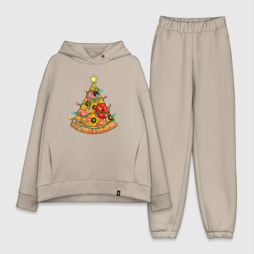 Женский костюм оверсайз Новогодняя пицца-елка / Миндальный – фото 1