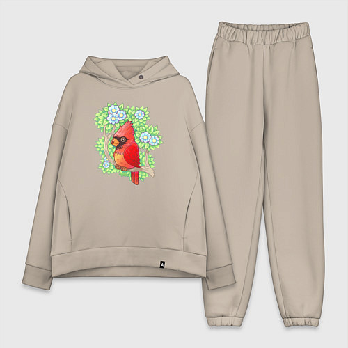Женский костюм оверсайз Красный кардинал на ветке / Миндальный – фото 1