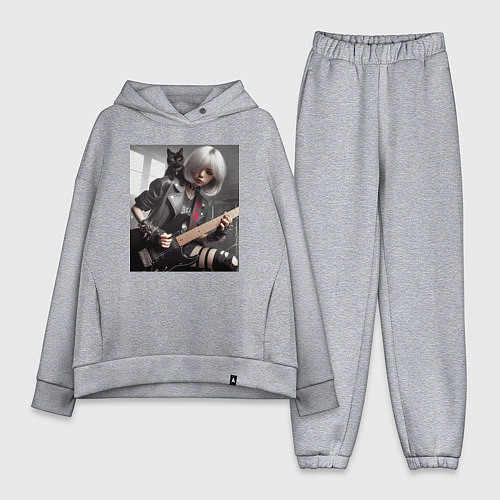 Женский костюм оверсайз Девчонка рок гитарист с чёрным котом / Меланж – фото 1