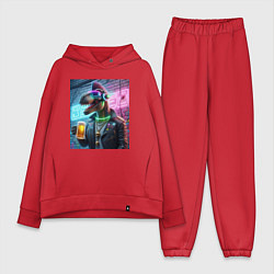 Женский костюм оверсайз Dinosaur dude with a beer mug wearing headphones a, цвет: красный