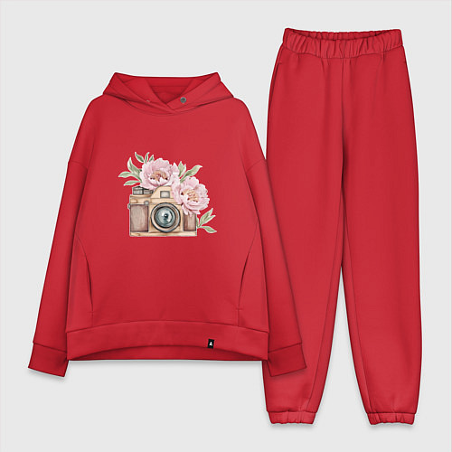 Женский костюм оверсайз Фотоаппарат с пионами / Красный – фото 1