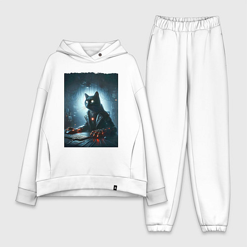 Женский костюм оверсайз Кибер кот за компьютером - неоновое свечение / Белый – фото 1