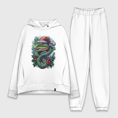 Женский костюм оверсайз Змея в новогодней шапке с омелой / Белый – фото 1