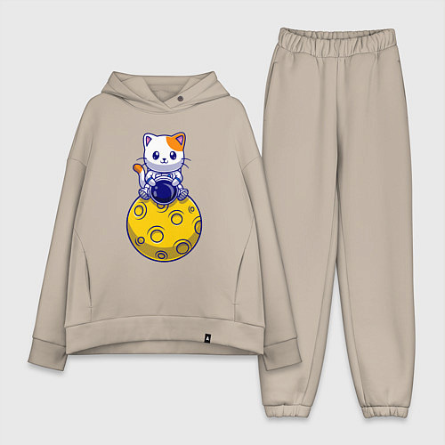 Женский костюм оверсайз Котик на луне / Миндальный – фото 1