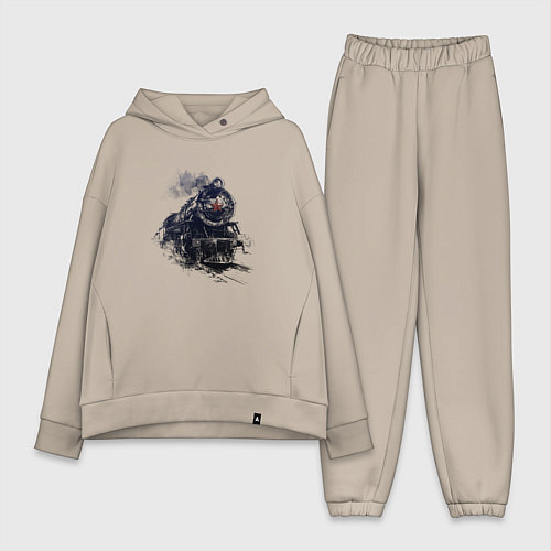 Женский костюм оверсайз Черный паровоз с красной звездой / Миндальный – фото 1