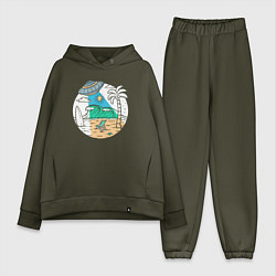 Женский костюм оверсайз Летающая тарелка на пляже, цвет: хаки