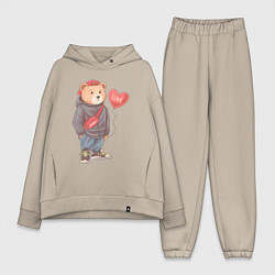 Женский костюм оверсайз Влюбленный мишка, цвет: миндальный