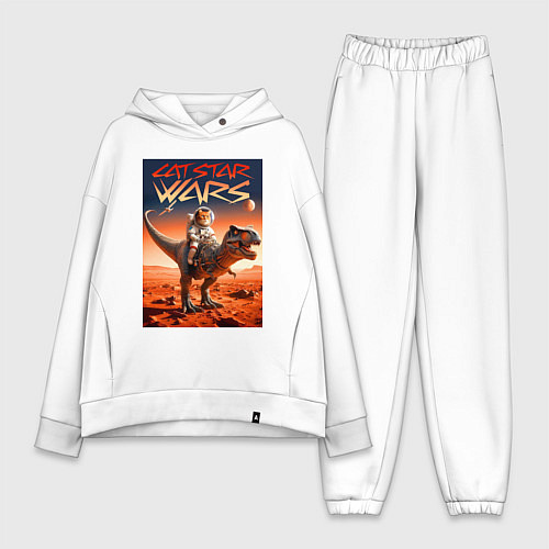 Женский костюм оверсайз Кот космонавт верхом на тираннозавре / Белый – фото 1