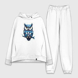 Женский костюм оверсайз Голубой филин на ветке, цвет: белый