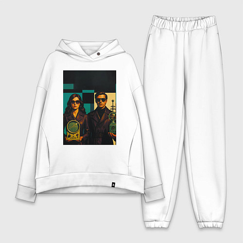 Женский костюм оверсайз Мужчина и девушка с гаджетами ретрофутуризм поп-ар / Белый – фото 1
