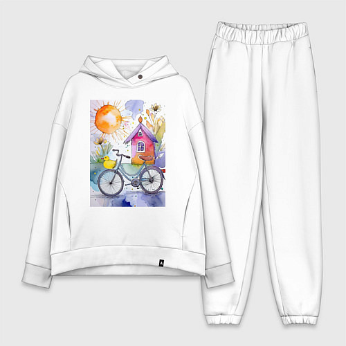 Женский костюм оверсайз Утенок на велосипеде - акварель / Белый – фото 1