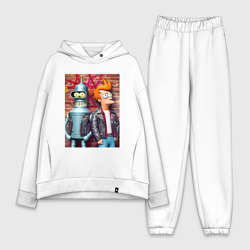 Женский костюм оверсайз Фрай и робот-сгибальщик Бендер у кирпичной стены / Белый – фото 1