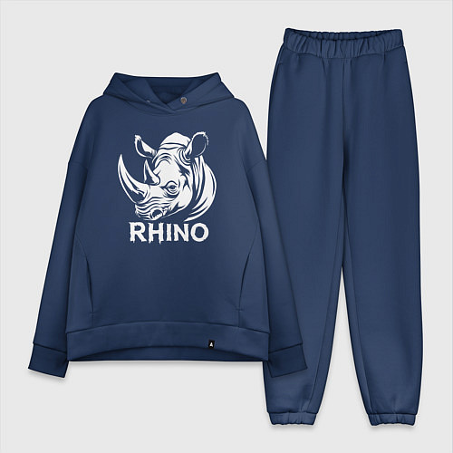 Женский костюм оверсайз Носорог с надписью / Тёмно-синий – фото 1