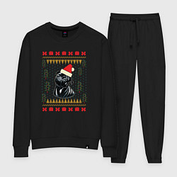 Костюм хлопковый женский Рождественский свитер Черный мопс, цвет: черный