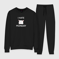 Костюм хлопковый женский I hate monday текст с котом, цвет: черный