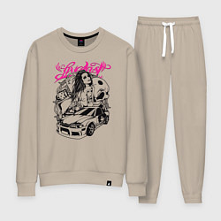 Костюм хлопковый женский Девушка с тату и череп, цвет: миндальный