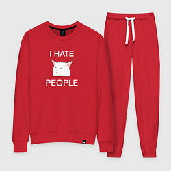 Костюм хлопковый женский I hate people, текст с белым мемным котом, цвет: красный