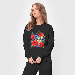 Костюм хлопковый женский Летний букет мак василек ромашка цветы лето, цвет: черный — фото 2