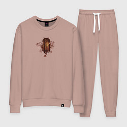 Костюм хлопковый женский Сова сидящая на ветке и осенний лес, цвет: пыльно-розовый