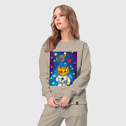 Костюм хлопковый женский Абстрактный космический кот, цвет: миндальный — фото 2