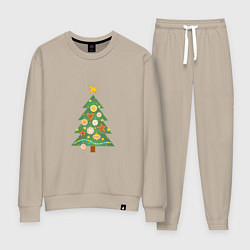 Костюм хлопковый женский Елочка с новогодними игрушками, цвет: миндальный