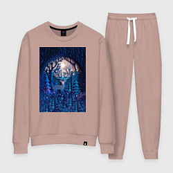 Костюм хлопковый женский Объемная иллюстрация из бумаги лес и олень на сине, цвет: пыльно-розовый