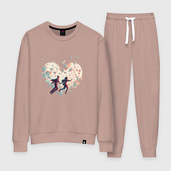 Костюм хлопковый женский Влюбленные летят на фоне сердца, цвет: пыльно-розовый