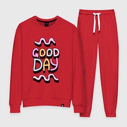 Костюм хлопковый женский Good day надпись с кривыми линиями, цвет: красный