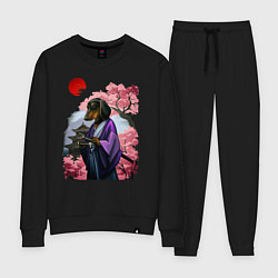 Костюм хлопковый женский Такса-Самурай весенняя на фоне сакуры, цвет: черный