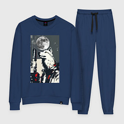 Костюм хлопковый женский Волк на фоне луны - мегаполис - нейросеть, цвет: тёмно-синий