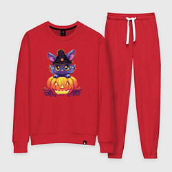 Костюм хлопковый женский Милый котик и тыква - Хэллоуин, цвет: красный