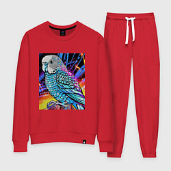 Костюм хлопковый женский Волнистый синий попугай, цвет: красный