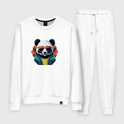 Костюм хлопковый женский Стильная панда в очках, цвет: белый