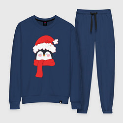 Костюм хлопковый женский Новогодний пингвин в шапке Деда Мороза, цвет: тёмно-синий