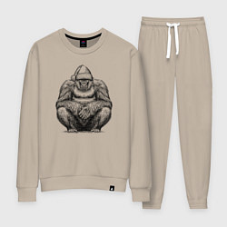 Костюм хлопковый женский Новогодняя горилла на корточках, цвет: миндальный