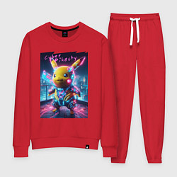 Костюм хлопковый женский Cyber Pikachu - neon glow ai art fantasy, цвет: красный