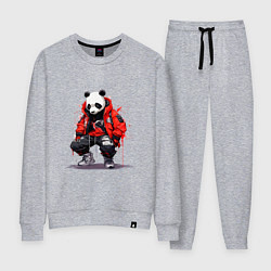 Костюм хлопковый женский Модная панда в красной куртке, цвет: меланж