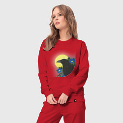 Костюм хлопковый женский Чёрный ворон на ветке под луной, цвет: красный — фото 2