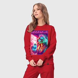 Костюм хлопковый женский Cool dude Dino with a mug of beer - ai art, цвет: красный — фото 2