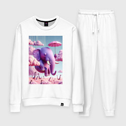 Костюм хлопковый женский Розовый слон под зонтом в облаках, цвет: белый