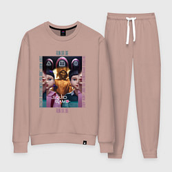 Костюм хлопковый женский Игра в кальмара на фоне кукол роботов, цвет: пыльно-розовый