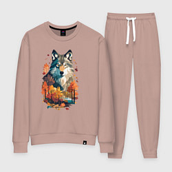 Костюм хлопковый женский Волк и осенний лес, цвет: пыльно-розовый