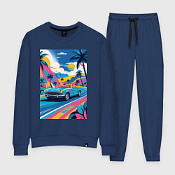 Костюм хлопковый женский Кабриолет едет по тропическому острову, цвет: тёмно-синий