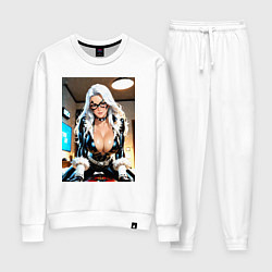 Костюм хлопковый женский Черная кошка в своей комнате, цвет: белый