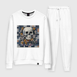 Костюм хлопковый женский Череп в цветах мозаика, цвет: белый