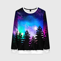 Свитшот женский Космический лес, елки и звезды, цвет: 3D-белый