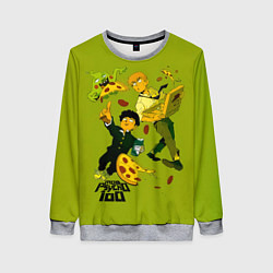 Свитшот женский Шигео, Ямочки и Рэйгэн налет на пиццу - Mob Psycho, цвет: 3D-меланж