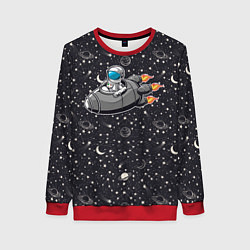 Свитшот женский Космонавт летит в ракете через звезды, цвет: 3D-красный
