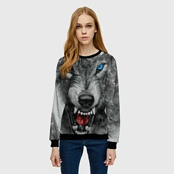 Свитшот женский Агрессивный волк с синими глазами, цвет: 3D-черный — фото 2