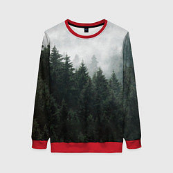 Свитшот женский Туманный хвойный лес, цвет: 3D-красный